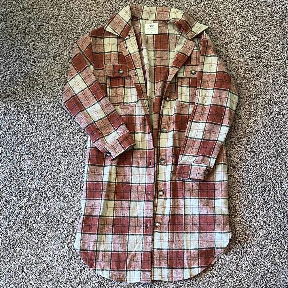 Panache Plaid Button-Up Long Shirt Jacket